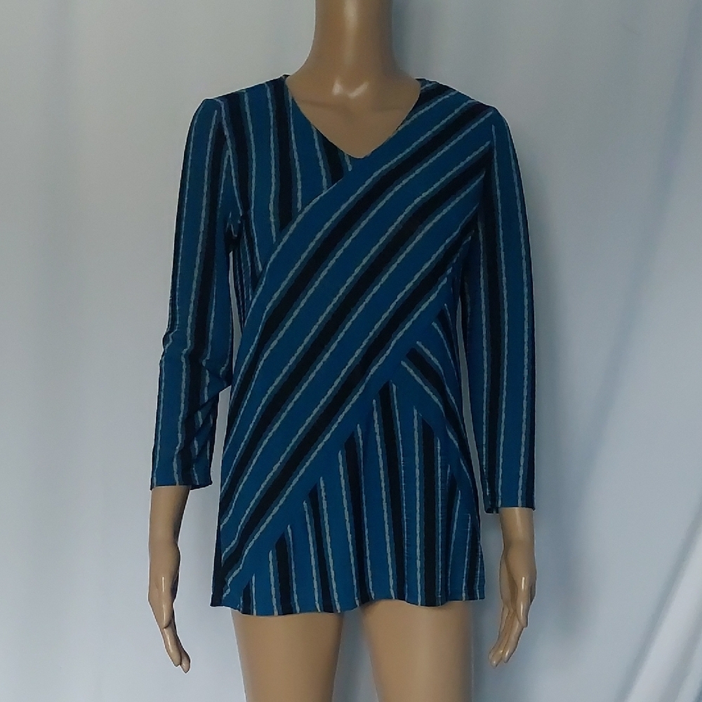Dana Buchman Teal and Black Striped Long Sleeve Top Size S